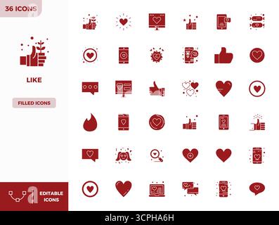 A versatile set of 36 Filled PIXEL perfect vector icons focused on Like, delivered in crisp 128x128 format ideal for mobile and web applications. Stock Vector