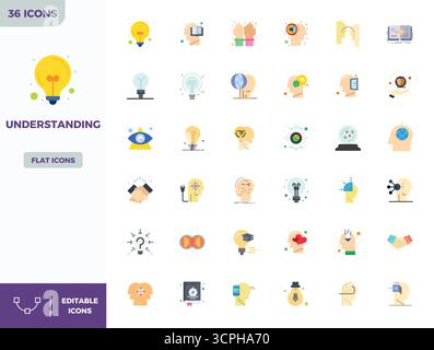 This set of 36 Flat Color vector icons captures Understanding themes in 128x128 PIXEL perfect quality, perfect for tech and business applications. Stock Vector