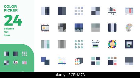 Collection of 24 Flat PIXEL perfect vector icons for Color Picker, designed in 128x128 format for clarity and versatility. Stock Vector