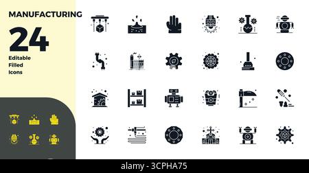 Streamlined set of 24 vector icons for Manufacturing in Glyph Filled aesthetic, featuring 128x128 PIXEL perfect resolution for seamless user experienc Stock Vector