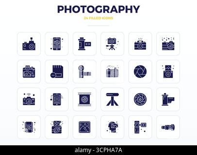 Exceptional collection of 24 SolidFill vector icons for Photography, delivered in 128x128 PIXEL perfect resolution for unparalleled visual excellence Stock Vector
