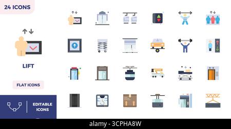 Handcrafted collection featuring 24 Flat Color vector icons for Lift, optimized in 128x128 PIXEL perfect resolution for premium digital experiences. Stock Vector