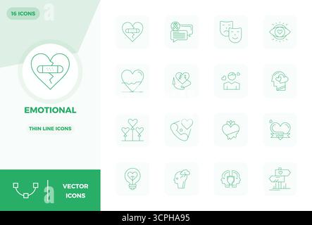 Strategic bundle featuring 16 vector icons representing Emotional in Thin Line format, optimized with 128x128 PIXEL perfect quality for professional w Stock Vector