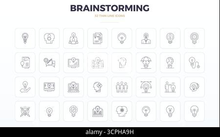 Download 32 scalable Thin Outline vector icons designed for Brainstorming, featuring PIXEL perfect 128x128 resolution suitable for professional and cr Stock Vector