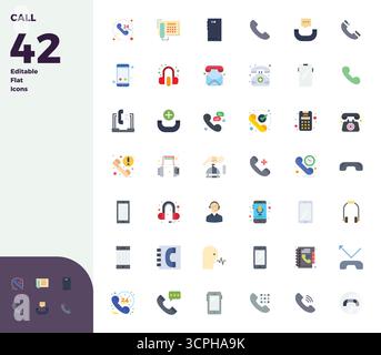 Exceptional collection of 42 Flat vector icons for Call, delivered in 128x128 PIXEL perfect resolution for unparalleled visual excellence and usabilit Stock Vector