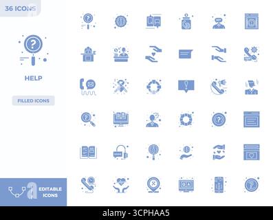 Curated pack of 36 128x128 vector icons in Filled design, centered around Help concepts with PIXEL perfect clarity. Stock Vector
