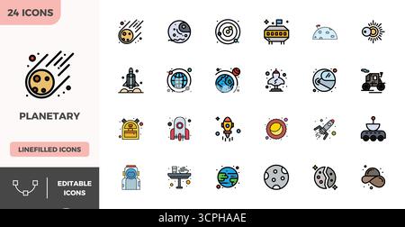 A clean collection of 24 Flat Lineal Color vector icons representing Planetary, designed in 128x128 PIXEL perfect format for modern dashboards and int Stock Vector