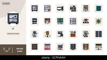Perfectly balanced 24 LineFilled PIXEL perfect vector icons for It, sized at 128x128 for harmonious integration in digital design projects. Stock Vector