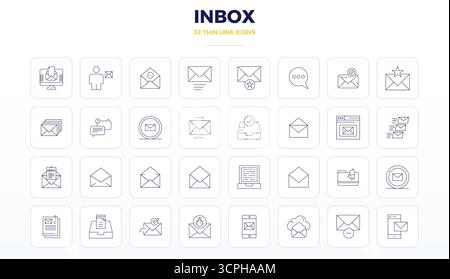 Complete package of 32 vector icons themed around Inbox, showcasing Thin Outline design in 128x128 PIXEL perfect quality for modern interfaces. Stock Vector