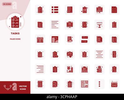 Premium collection of 36 Filled vector icons for Tasks, meticulously crafted in 128x128 PIXEL perfect resolution for superior visual impact. Stock Vector
