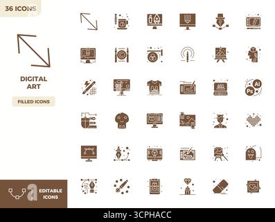 Vector pack with 36 Filled PIXEL perfect icons inspired by Digital Art, delivered in 128x128 resolution ideal for scalable and creative design work. Stock Vector