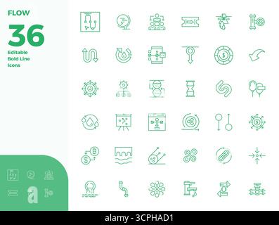 Collection of 36 Bold Line PIXEL perfect vector icons for Flow, designed in 128x128 format for clarity and versatility. Stock Vector