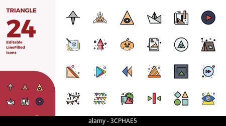 A versatile set of 24 Duotone PIXEL perfect vector icons focused on Triangle, delivered in crisp 128x128 format ideal for mobile and web applications. Stock Vector