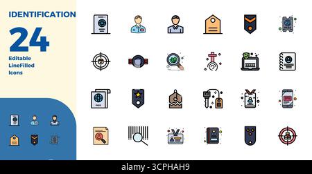 This collection features 24 Duotone PIXEL perfect vector icons tailored to the Identification theme, optimized in 128x128 format for digital design. Stock Vector