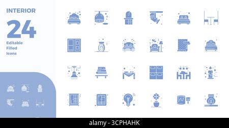 Collection of 24 Glyph Filled PIXEL perfect vector icons for Interior, designed in 128x128 format for clarity and versatility. Stock Vector