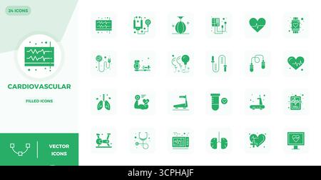 Perfectly balanced 24 Filled PIXEL perfect vector icons for Cardiovascular, sized at 128x128 for harmonious integration in digital design projects. Stock Vector