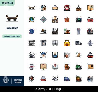 Streamlined set of 42 vector icons for Logistics in Flat Lineal Color aesthetic, featuring 128x128 PIXEL perfect resolution for seamless user experien Stock Vector