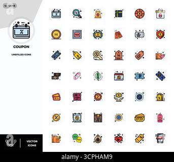 Essential pack of 42 PIXEL perfect vector icons for Coupon in LineFilled format, sized at 128x128 for optimal performance and scalability. Stock Vector