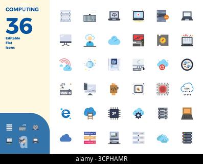 Handcrafted collection featuring 36 Flat vector icons for Computing, optimized in 128x128 PIXEL perfect resolution for premium digital experiences. Stock Vector