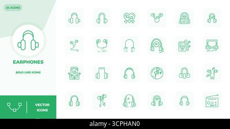 Enhance your projects with 24 Bold Line vector icons themed around Earphones, featuring 128x128 PIXEL perfect resolution ideal for clean and professio Stock Vector
