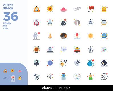 A versatile set of 36 Flat PIXEL perfect vector icons focused on Outer Space, delivered in crisp 128x128 format ideal for mobile and web applications. Stock Vector