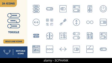 A clean collection of 24 Heavy Line vector icons representing Toggle, designed in 128x128 PIXEL perfect format for modern dashboards and interfaces. Stock Vector