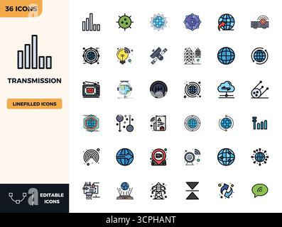 Expertly designed 36 Flat Lineal Color PIXEL perfect vector icons for Transmission, engineered at 128x128 resolution for flawless integration and perf Stock Vector