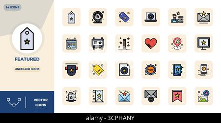 Industry-leading pack of 24 LineFilled PIXEL perfect vector icons for Featured, sized at 128x128 for optimal rendering and user interface excellence. Stock Vector