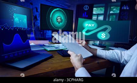 Professional monitoring digital payment dashboards in fintech workspace. Collage Stock Photo
