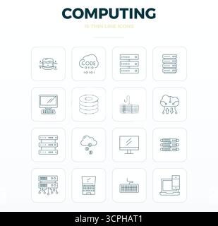 Premium collection of 16 Thin Outline vector icons for Computing, meticulously crafted in 128x128 PIXEL perfect resolution for superior visual impact. Stock Vector