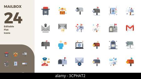 Comprehensive toolkit of 24 vector icons themed around Mailbox, developed in Flat with 128x128 PIXEL perfect precision for versatile design applicatio Stock Vector