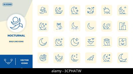 Expertly designed 24 Bold Line PIXEL perfect vector icons for Nocturnal, engineered at 128x128 resolution for flawless integration and performance. Stock Vector