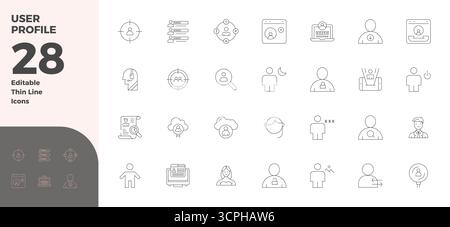 This User Profile vector icon pack includes 28 Thin Line designs in 128x128 PIXEL perfect format, perfect for enhancing digital interfaces. Stock Vector
