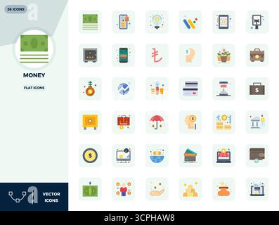 Revolutionary set of 36 PIXEL perfect vector icons inspired by Money, created in Flat format at 128x128 resolution for cutting-edge design. Stock Vector