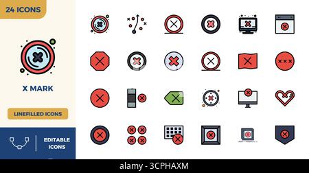 Sophisticated bundle of 24 Flat Lineal Color vector icons for X Mark, engineered with 128x128 PIXEL perfect clarity for professional applications. Stock Vector