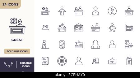 Exceptional collection of 24 Heavy Line vector icons for Guest, delivered in 128x128 PIXEL perfect resolution for unparalleled visual excellence and u Stock Vector