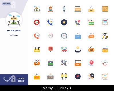 Industry-leading pack of 36 Flat PIXEL perfect vector icons for Available, sized at 128x128 for optimal rendering and user interface excellence. Stock Vector