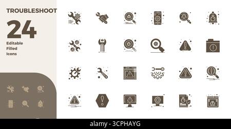 Perfectly balanced 24 Glyph Filled PIXEL perfect vector icons for Troubleshoot, sized at 128x128 for harmonious integration in digital design projects Stock Vector