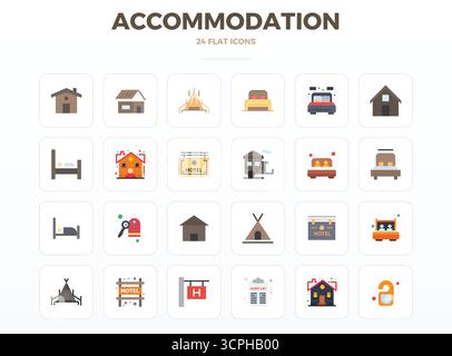 Download 24 scalable Minimal Flat vector icons designed for Accommodation, featuring PIXEL perfect 128x128 resolution suitable for professional and cr Stock Vector
