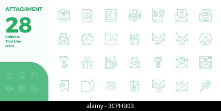 Expertly designed 28 Thin Line PIXEL perfect vector icons for Attachment, engineered at 128x128 resolution for flawless integration and performance. Stock Vector