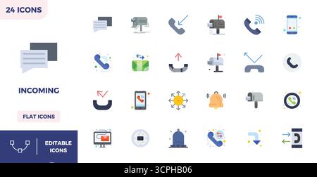 Revolutionary set of 24 PIXEL perfect vector icons inspired by Incoming, created in Flat Color format at 128x128 resolution for cutting-edge design. Stock Vector