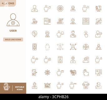 Meticulously crafted 42 Heavy Line vector icons for User, delivered in 128x128 PIXEL perfect quality for uncompromising design standards. Stock Vector