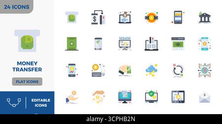 This collection features 24 Flat Color PIXEL perfect vector icons tailored to the Money Transfer theme, optimized in 128x128 format for digital design Stock Vector