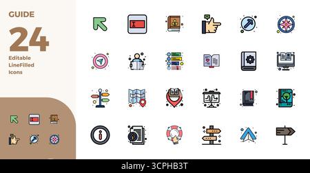 This set of 24 Duotone vector icons captures Guide themes in 128x128 PIXEL perfect quality, perfect for tech and business applications. Stock Vector