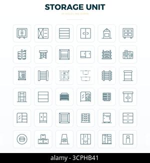 Discover a set of 36 Strong Outline vector icons crafted for the Storage Unit theme, featuring 128x128 PIXEL perfect designs ideal for modern UI/UX pr Stock Vector