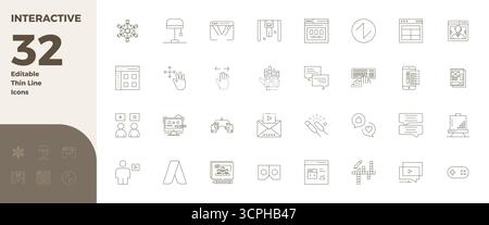Collection of 32 Thin Line PIXEL perfect vector icons for Interactive, designed in 128x128 format for clarity and versatility. Stock Vector