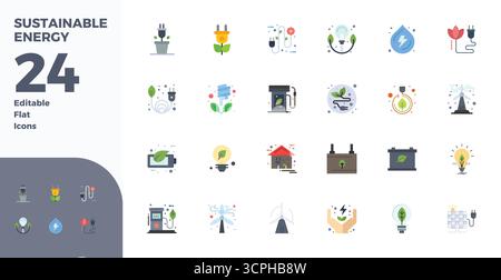 Unlock 24 Flat PIXEL perfect vector icons inspired by Sustainable Energy, optimized in 128x128 format for flawless display across all devices. Stock Vector