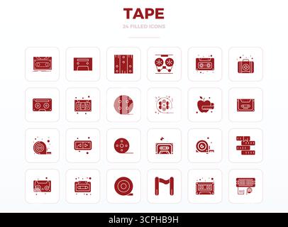 Meticulously crafted 24 SolidFill vector icons for Tape, delivered in 128x128 PIXEL perfect quality for uncompromising design standards. Stock Vector