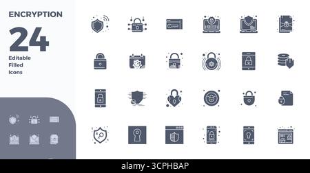 Comprehensive bundle featuring 24 vector icons in Glyph Filled design for Encryption, delivered in crisp 128x128 PIXEL perfect quality. Stock Vector
