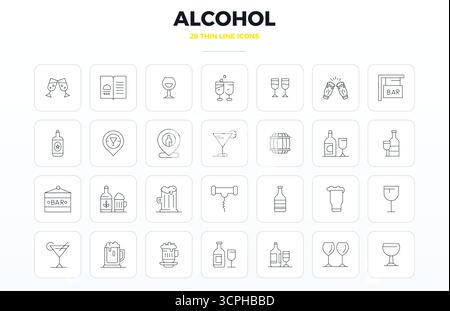 Sophisticated bundle of 28 Thin Outline vector icons for Alcohol, engineered with 128x128 PIXEL perfect clarity for professional applications. Stock Vector